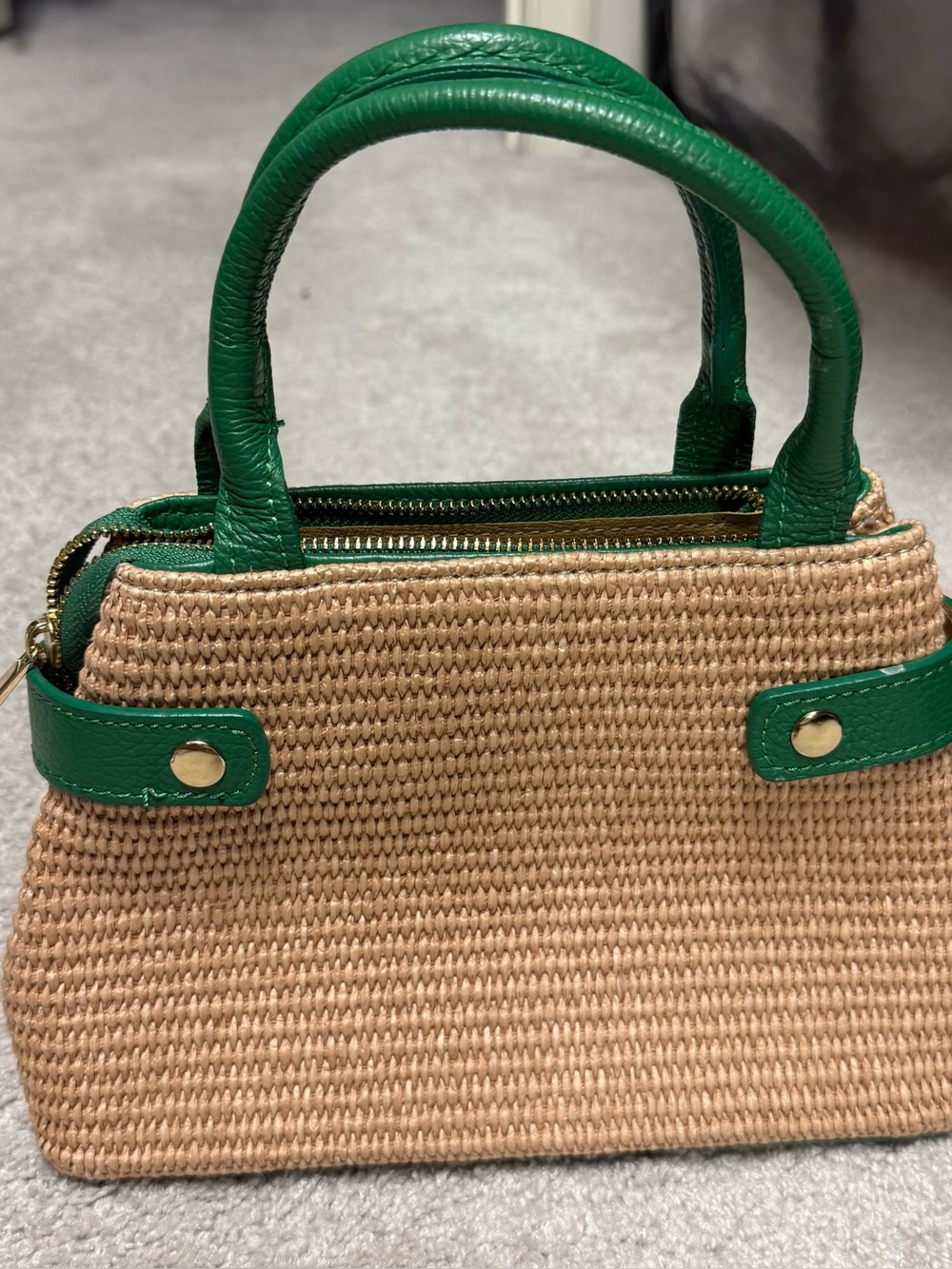 Vera Pelle Italian Woven Straw & Green Leather Satchel Crossbody Bag - Picture 2 of 2